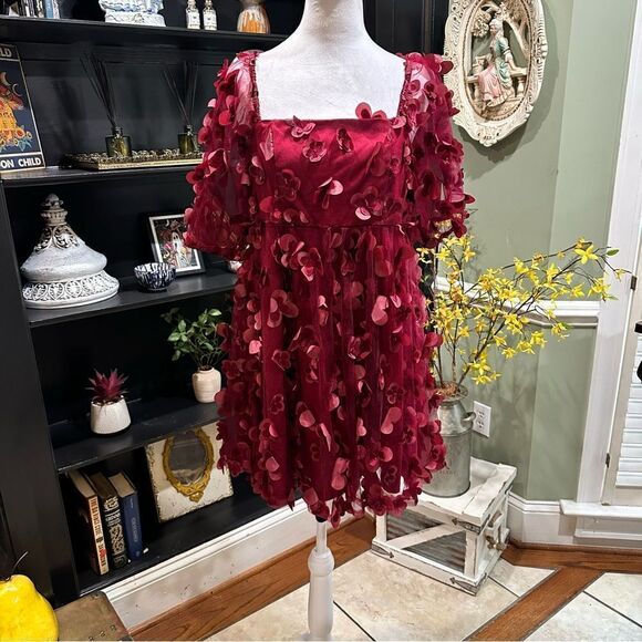 TCEC Dresses & Skirts - TCEC Burgundy Mini Dress with 3D Petal Appliqués